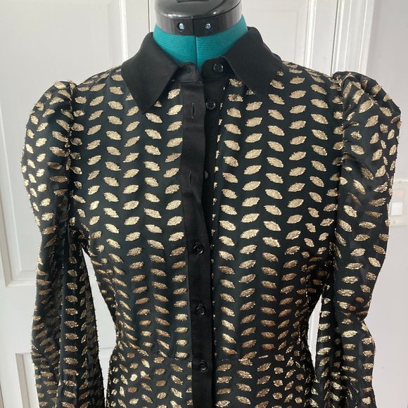 Zara Puff Sleeve Gold and Black Dress - Picture 1 of 3